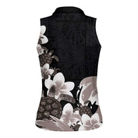 Hawaiian Plumeria and Turtle Women Sleeveless Polo Shirt with Polynesian Tribal Art Pattern Grayscale Color LT03 - Polynesian Pride