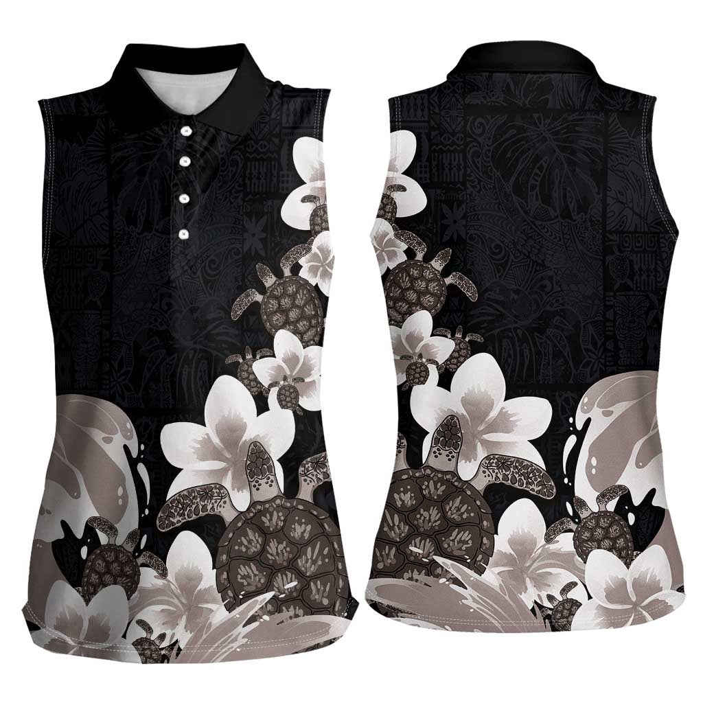 Hawaiian Plumeria and Turtle Women Sleeveless Polo Shirt with Polynesian Tribal Art Pattern Grayscale Color LT03 - Polynesian Pride