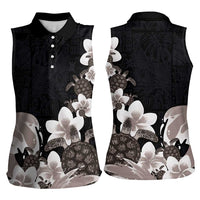 Hawaiian Plumeria and Turtle Women Sleeveless Polo Shirt with Polynesian Tribal Art Pattern Grayscale Color LT03 - Polynesian Pride