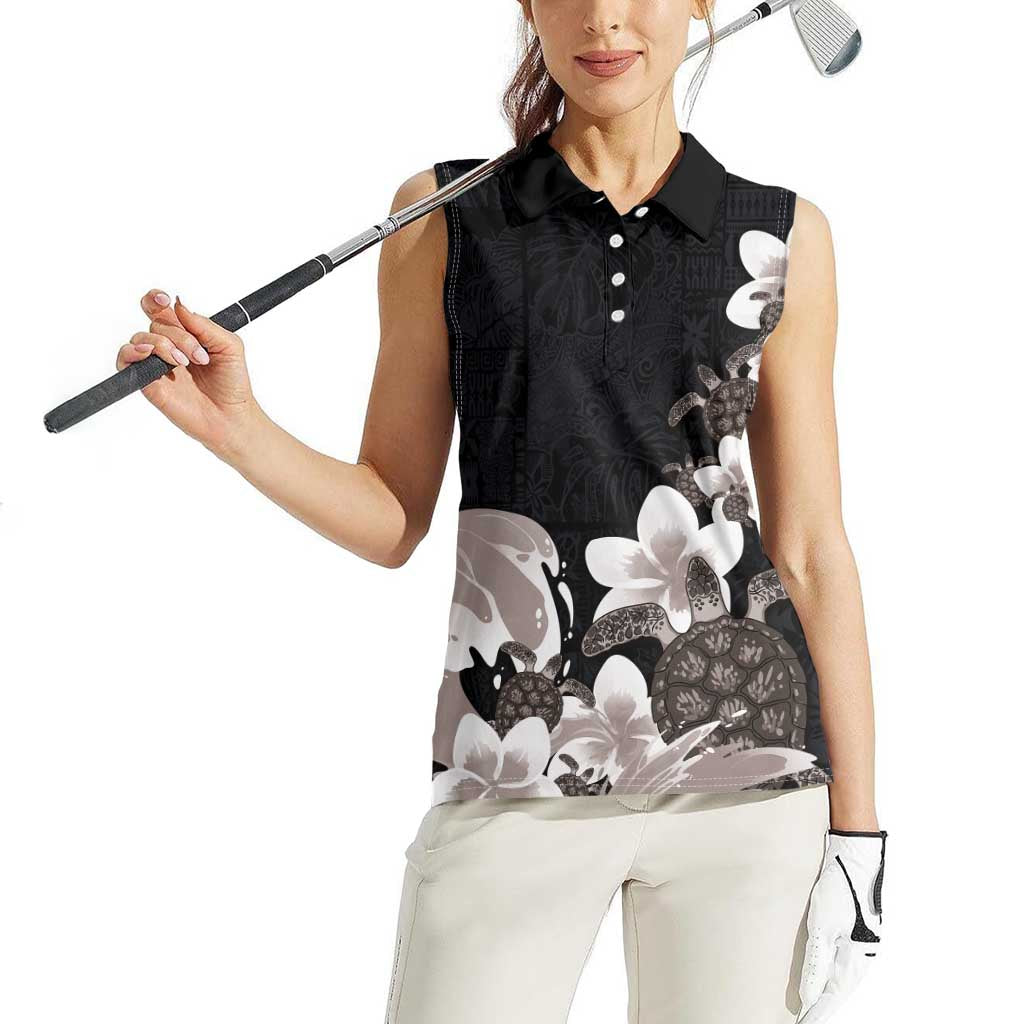 Hawaiian Plumeria and Turtle Women Sleeveless Polo Shirt with Polynesian Tribal Art Pattern Grayscale Color LT03 - Polynesian Pride
