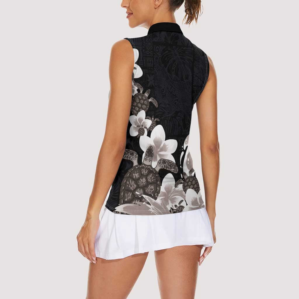 Hawaiian Plumeria and Turtle Women Sleeveless Polo Shirt with Polynesian Tribal Art Pattern Grayscale Color LT03 - Polynesian Pride