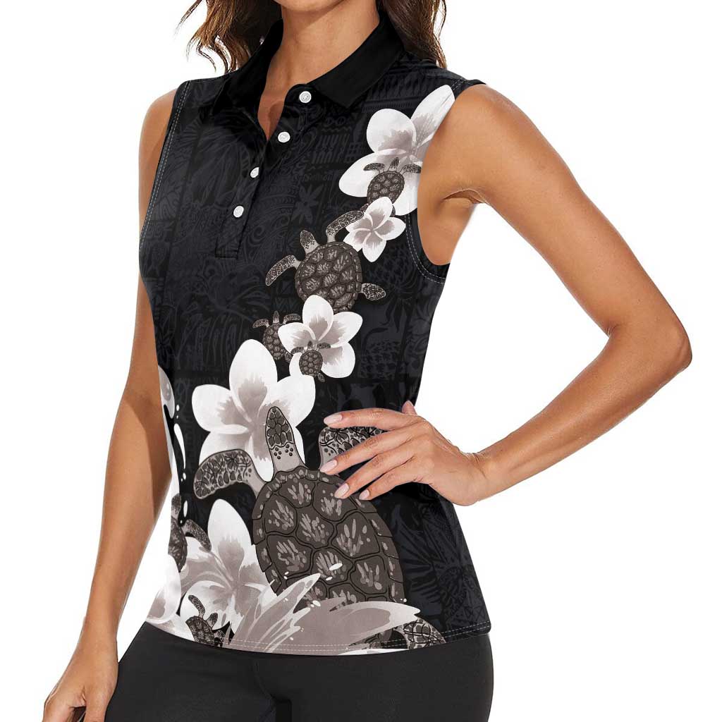 Hawaiian Plumeria and Turtle Women Sleeveless Polo Shirt with Polynesian Tribal Art Pattern Grayscale Color LT03 - Polynesian Pride