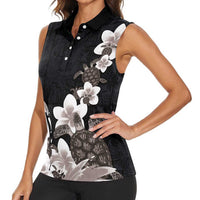 Hawaiian Plumeria and Turtle Women Sleeveless Polo Shirt with Polynesian Tribal Art Pattern Grayscale Color LT03 - Polynesian Pride