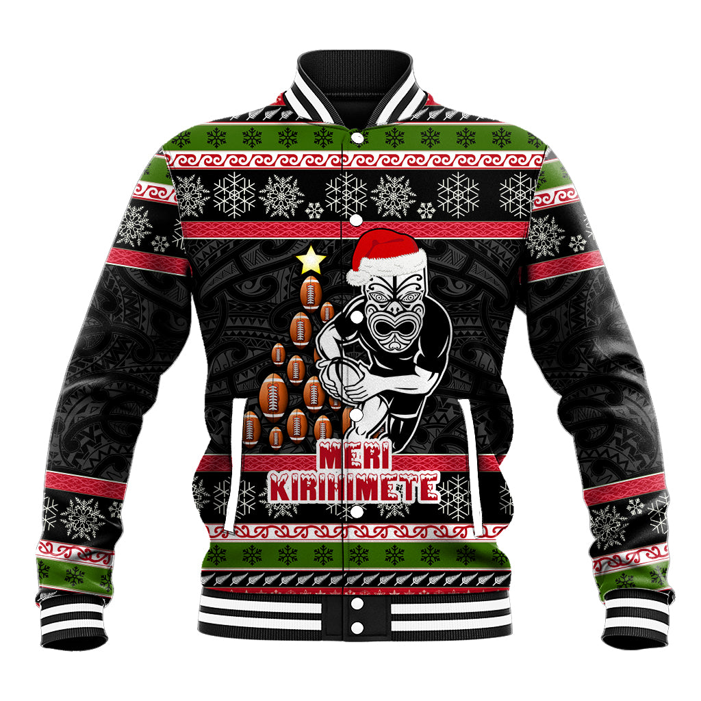 Personalized New Zealand Meri Kirihimete Baseball Jacket Maori Warrior with Rugby Christmas Tree LT03 Unisex Black - Polynesian Pride