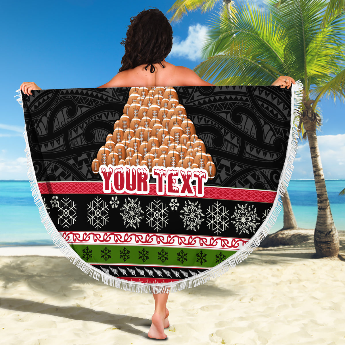Personalized New Zealand Meri Kirihimete Beach Blanket Maori Warrior with Rugby Christmas Tree LT03 - Polynesian Pride