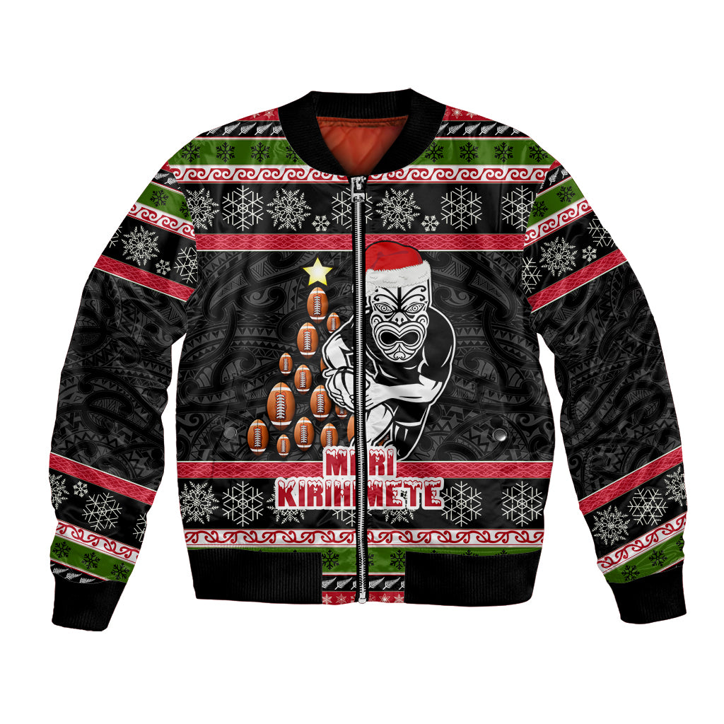 Personalized New Zealand Meri Kirihimete Bomber Jacket Maori Warrior with Rugby Christmas Tree LT03 Unisex Black - Polynesian Pride