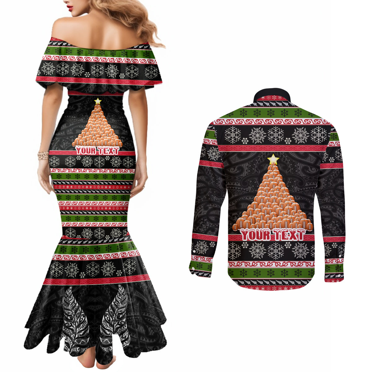 Personalized New Zealand Meri Kirihimete Couples Matching Mermaid Dress and Long Sleeve Button Shirt Maori Warrior with Rugby Christmas Tree LT03 - Polynesian Pride