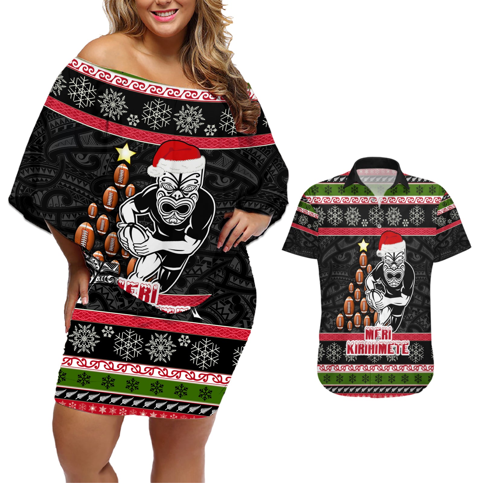 Personalized New Zealand Meri Kirihimete Couples Matching Off Shoulder Short Dress and Hawaiian Shirt Maori Warrior with Rugby Christmas Tree LT03 Black - Polynesian Pride