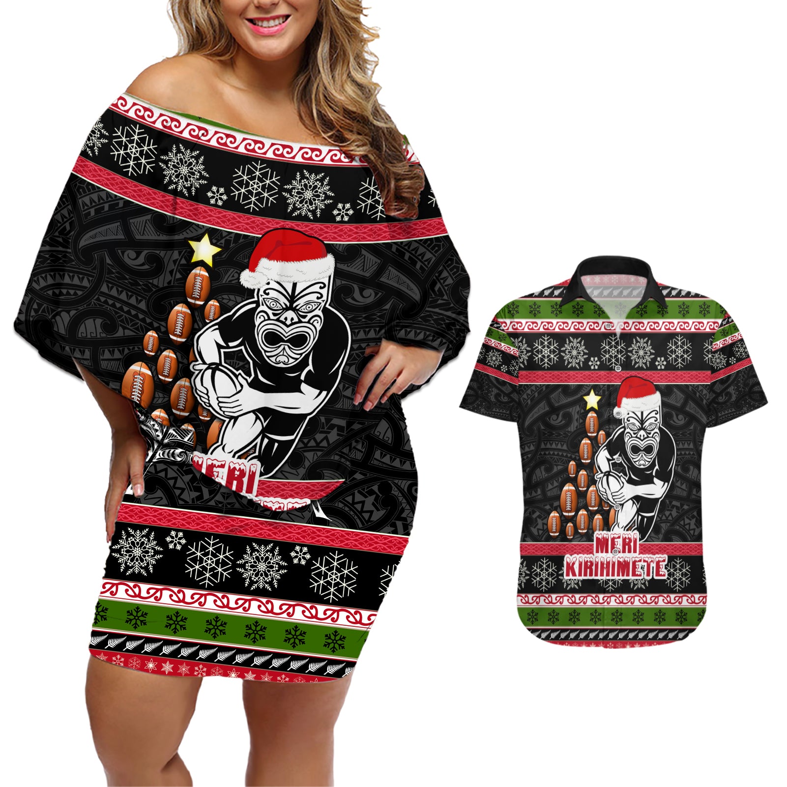 Personalized New Zealand Meri Kirihimete Couples Matching Off Shoulder Short Dress and Hawaiian Shirt Maori Warrior with Rugby Christmas Tree LT03 Black - Polynesian Pride