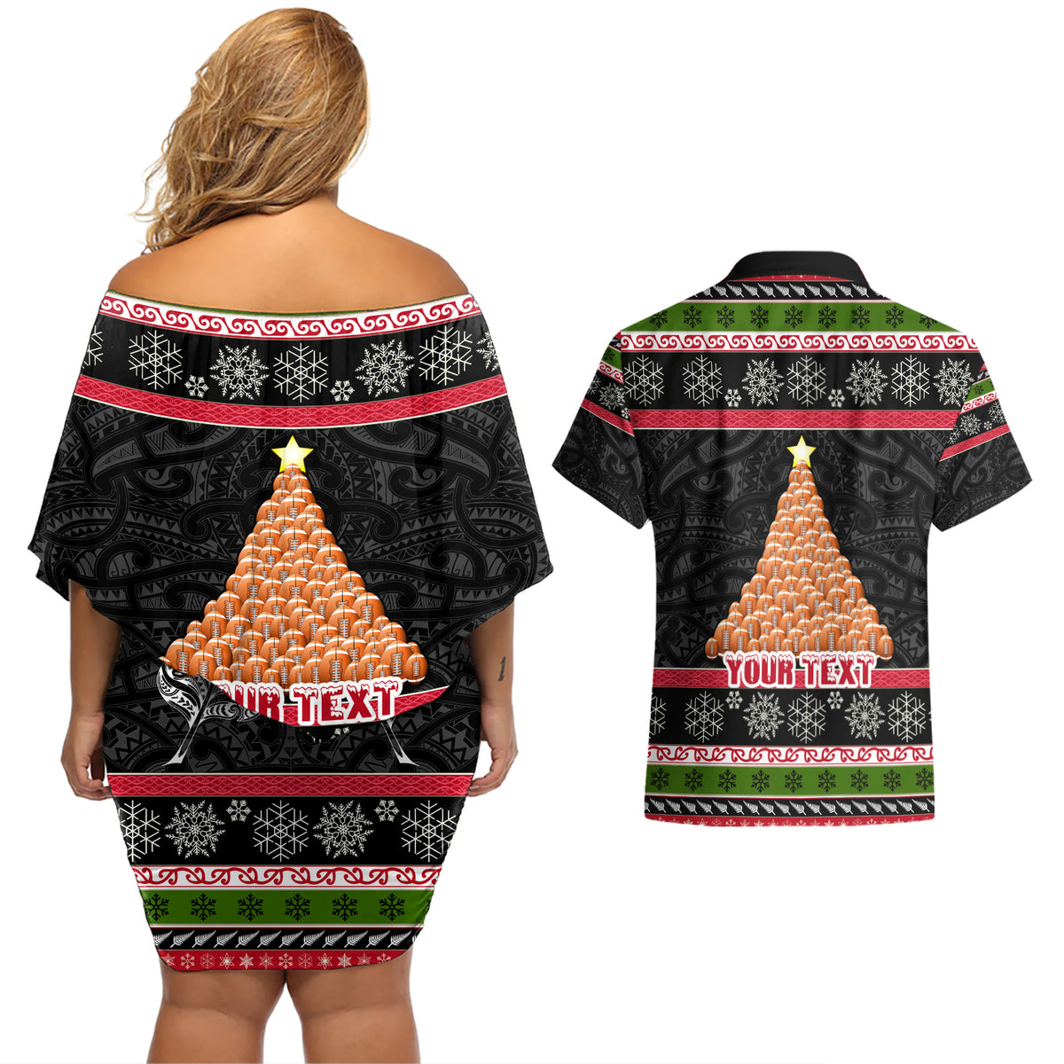 Personalized New Zealand Meri Kirihimete Couples Matching Off Shoulder Short Dress and Hawaiian Shirt Maori Warrior with Rugby Christmas Tree LT03 - Polynesian Pride