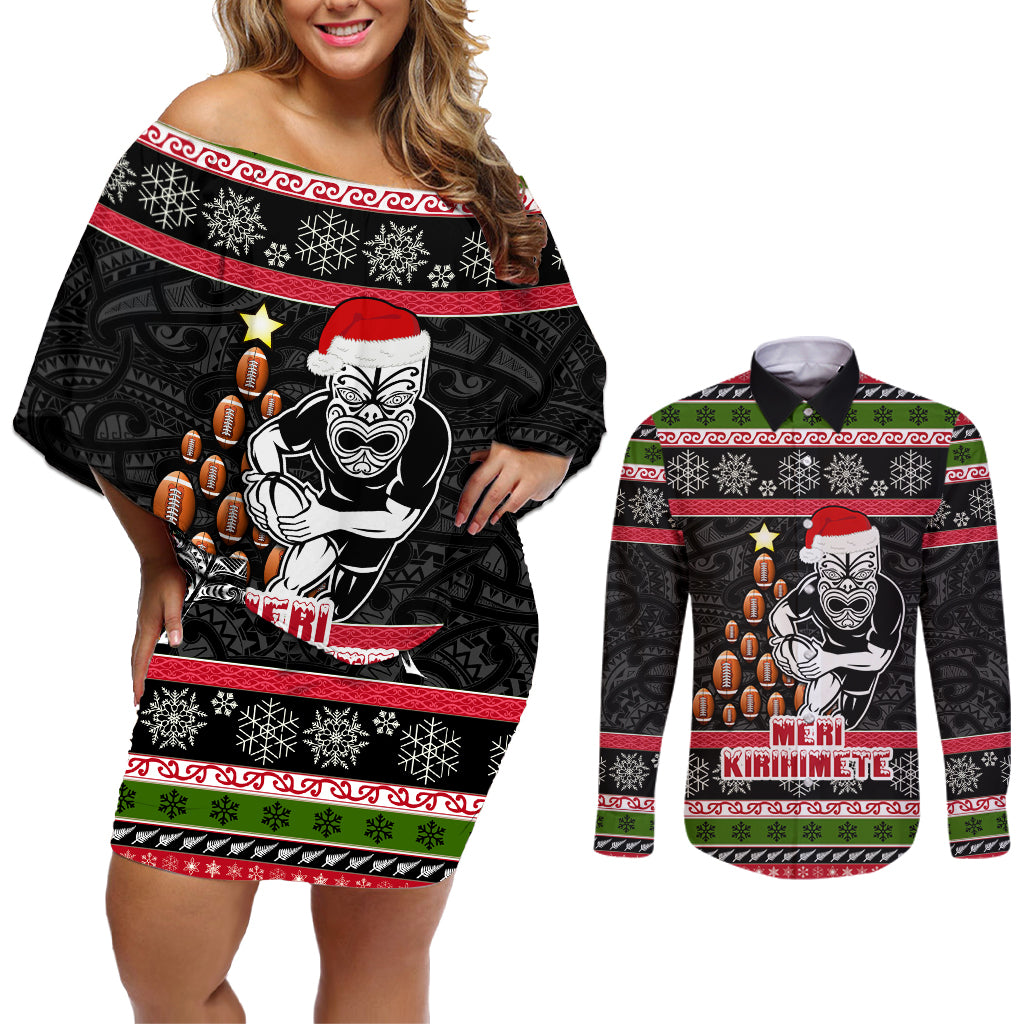Personalized New Zealand Meri Kirihimete Couples Matching Off Shoulder Short Dress and Long Sleeve Button Shirt Maori Warrior with Rugby Christmas Tree LT03 Black - Polynesian Pride