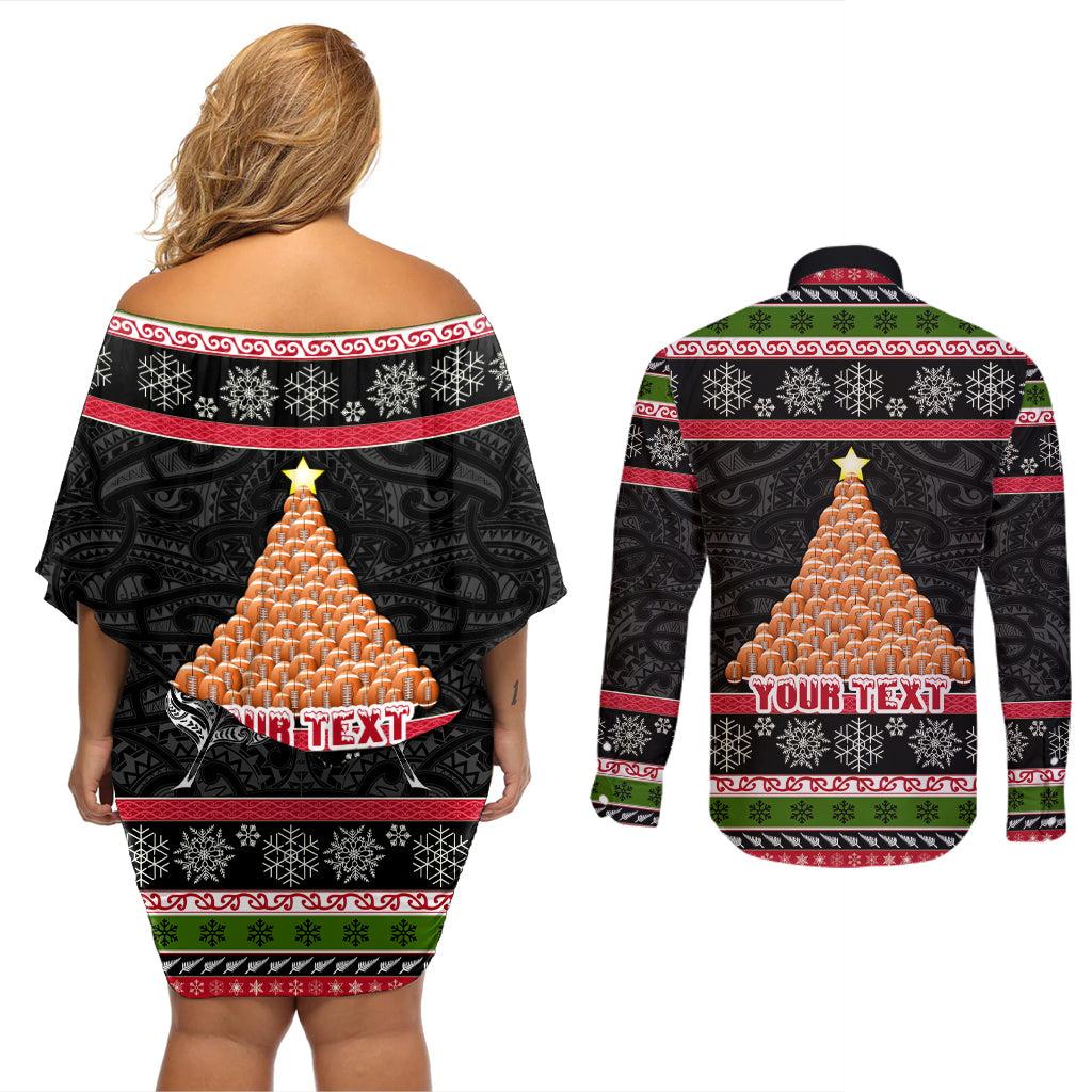 Personalized New Zealand Meri Kirihimete Couples Matching Off Shoulder Short Dress and Long Sleeve Button Shirt Maori Warrior with Rugby Christmas Tree LT03 - Polynesian Pride