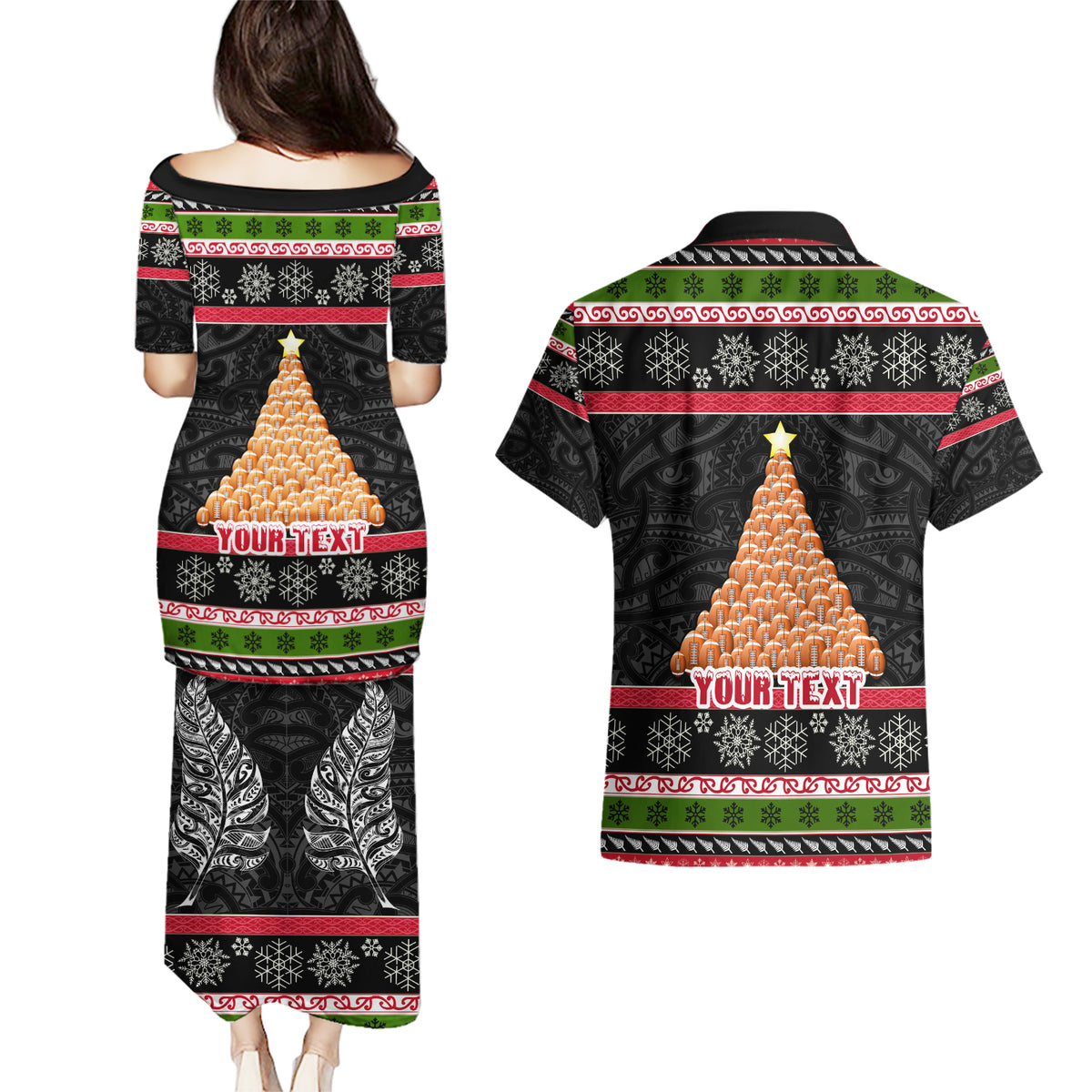 Personalized New Zealand Meri Kirihimete Couples Matching Puletasi Dress and Hawaiian Shirt Maori Warrior with Rugby Christmas Tree LT03 - Polynesian Pride
