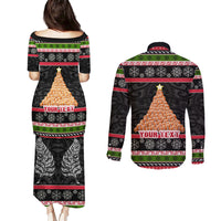 Personalized New Zealand Meri Kirihimete Couples Matching Puletasi Dress and Long Sleeve Button Shirt Maori Warrior with Rugby Christmas Tree LT03 - Polynesian Pride