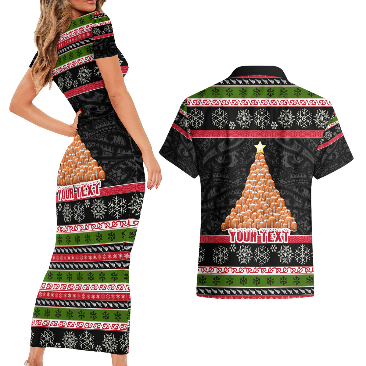 Personalized New Zealand Meri Kirihimete Couples Matching Short Sleeve Bodycon Dress and Hawaiian Shirt Maori Warrior with Rugby Christmas Tree LT03 - Polynesian Pride