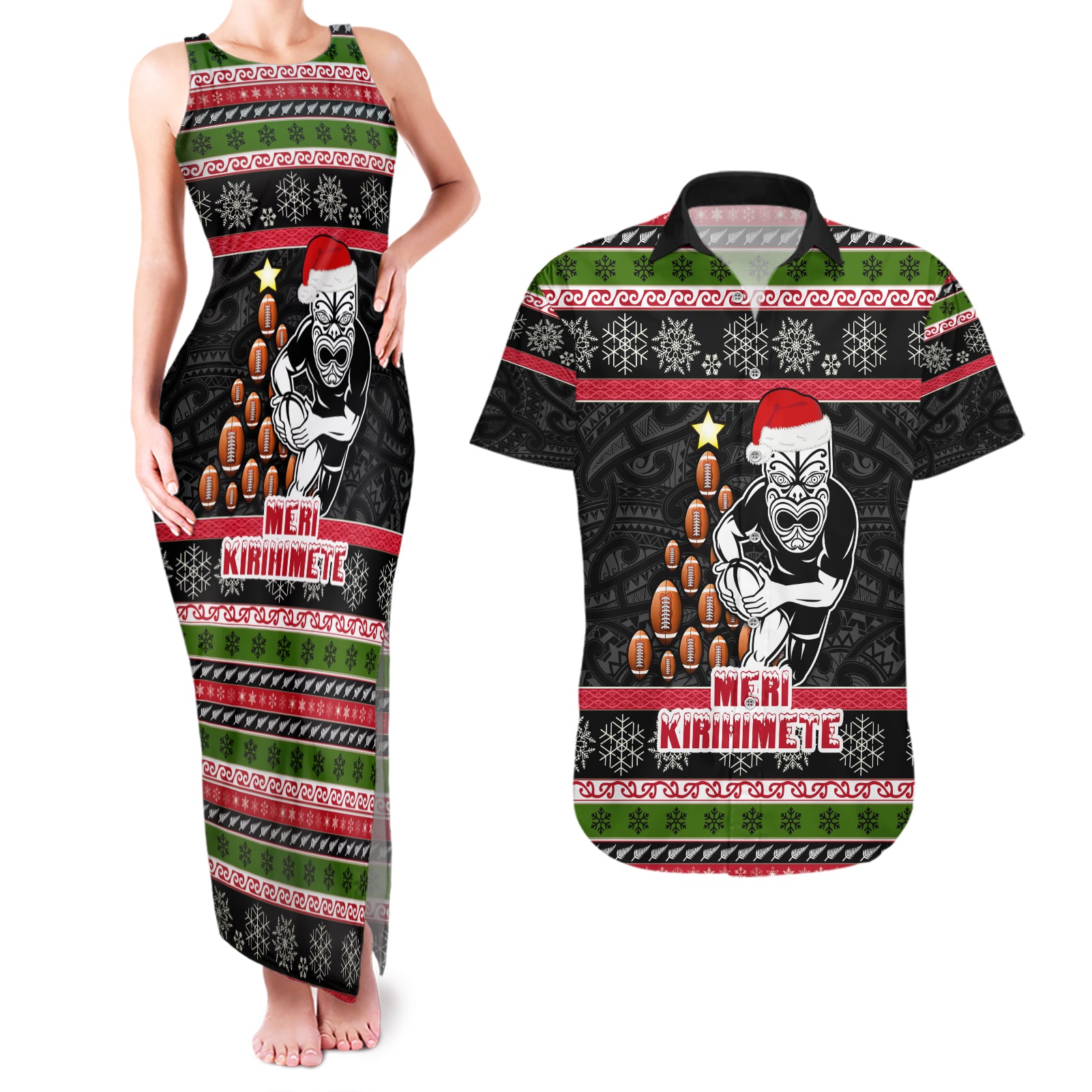 Personalized New Zealand Meri Kirihimete Couples Matching Tank Maxi Dress and Hawaiian Shirt Maori Warrior with Rugby Christmas Tree LT03 Black - Polynesian Pride
