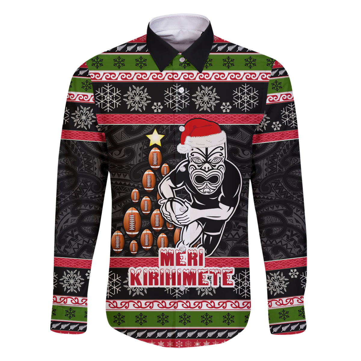 Personalized New Zealand Meri Kirihimete Family Matching Off Shoulder Short Dress and Hawaiian Shirt Maori Warrior with Rugby Christmas Tree LT03 Dad's Shirt - Long Sleeve Black - Polynesian Pride