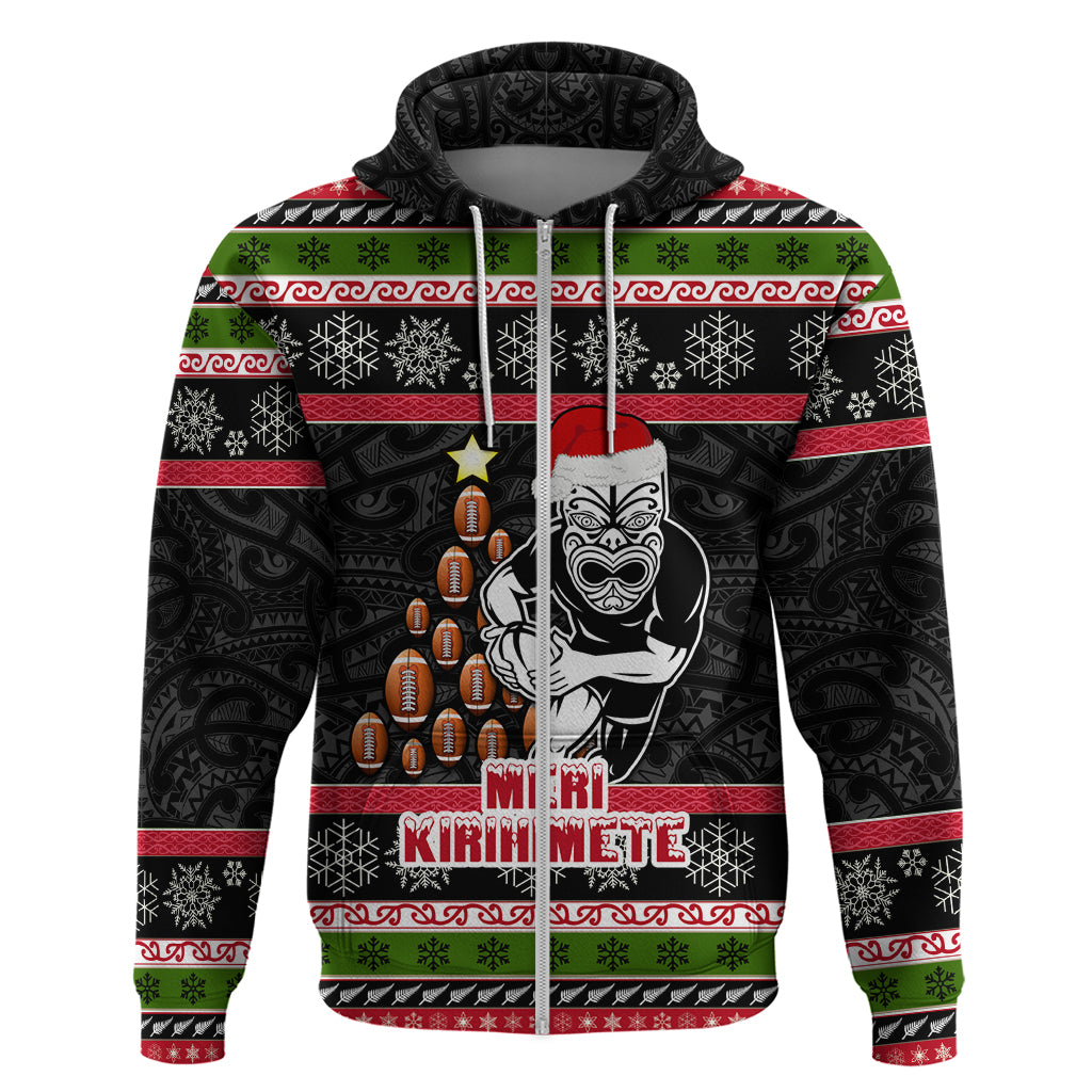 Personalized New Zealand Meri Kirihimete Hoodie Maori Warrior with Rugby Christmas Tree LT03 - Polynesian Pride
