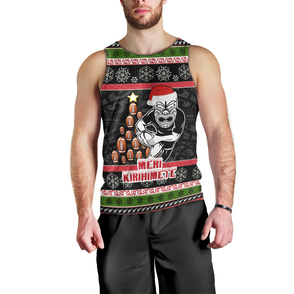 Personalized New Zealand Meri Kirihimete Men Tank Top Maori Warrior with Rugby Christmas Tree LT03 - Polynesian Pride
