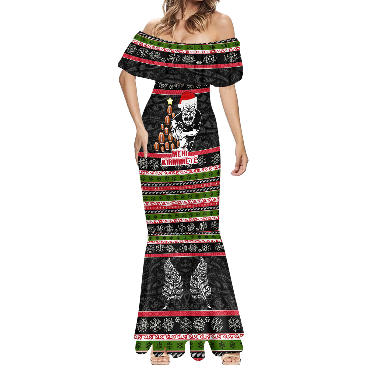 Personalized New Zealand Meri Kirihimete Mermaid Dress Maori Warrior with Rugby Christmas Tree LT03 - Polynesian Pride