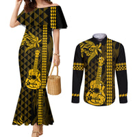 Custom Hawaii Couples Matching Mermaid Dress and Long Sleeve Button Shirt Ukelele and Hula Girl Mix Kakau Pattern LT03 Yellow - Polynesian Pride