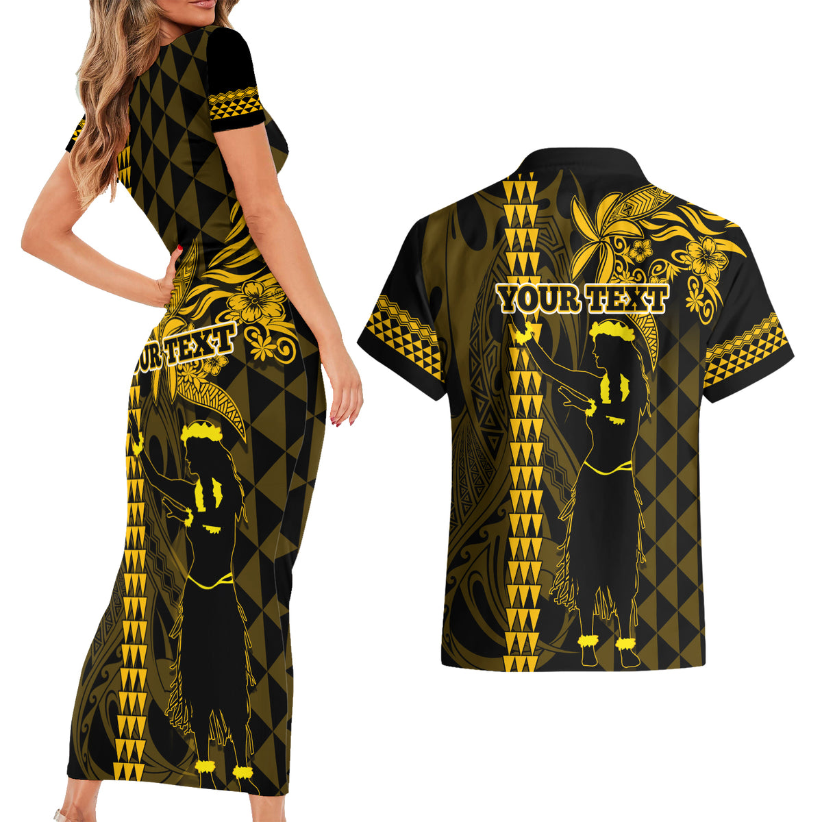 Custom Hawaii Couples Matching Short Sleeve Bodycon Dress and Hawaiian Shirt Ukelele and Hula Girl Mix Kakau Pattern LT03 - Polynesian Pride