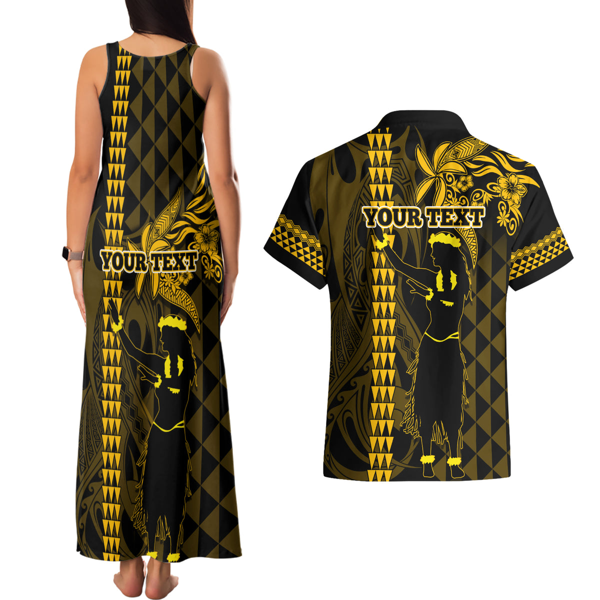 Custom Hawaii Couples Matching Tank Maxi Dress and Hawaiian Shirt Ukelele and Hula Girl Mix Kakau Pattern LT03 - Polynesian Pride