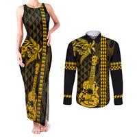 Custom Hawaii Couples Matching Tank Maxi Dress and Long Sleeve Button Shirt Ukelele and Hula Girl Mix Kakau Pattern LT03 Yellow - Polynesian Pride