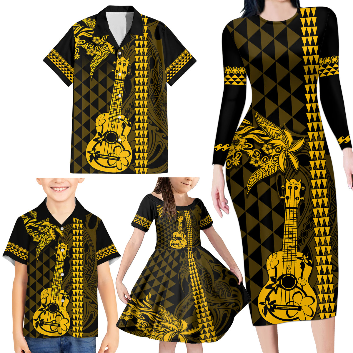 Custom Hawaii Family Matching Long Sleeve Bodycon Dress and Hawaiian Shirt Ukelele and Hula Girl Mix Kakau Pattern LT03 - Polynesian Pride