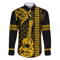 Custom Hawaii Family Matching Puletasi Dress and Hawaiian Shirt Ukelele and Hula Girl Mix Kakau Pattern LT03 Dad's Shirt - Long Sleeve Yellow - Polynesian Pride