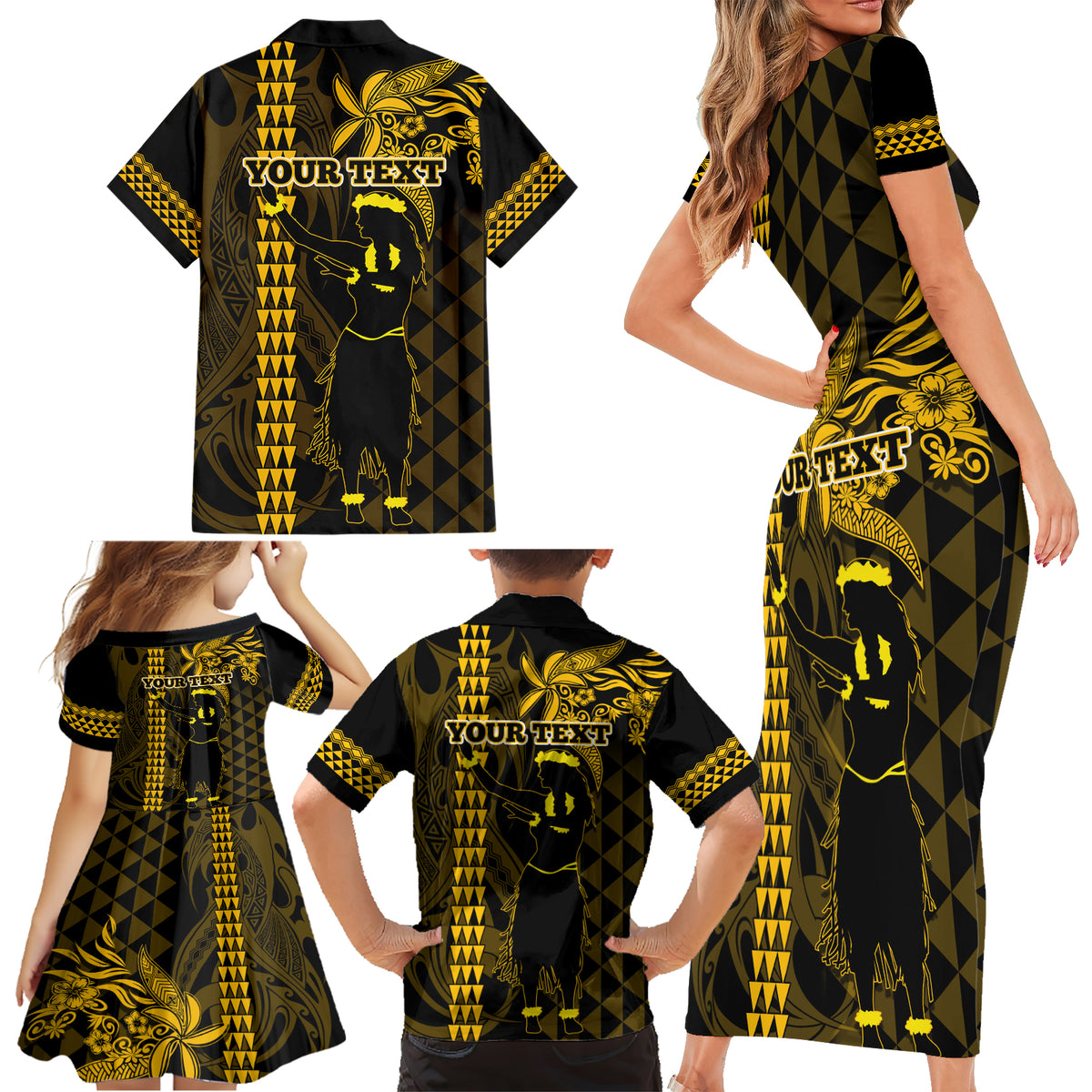 Custom Hawaii Family Matching Short Sleeve Bodycon Dress and Hawaiian Shirt Ukelele and Hula Girl Mix Kakau Pattern LT03 - Polynesian Pride