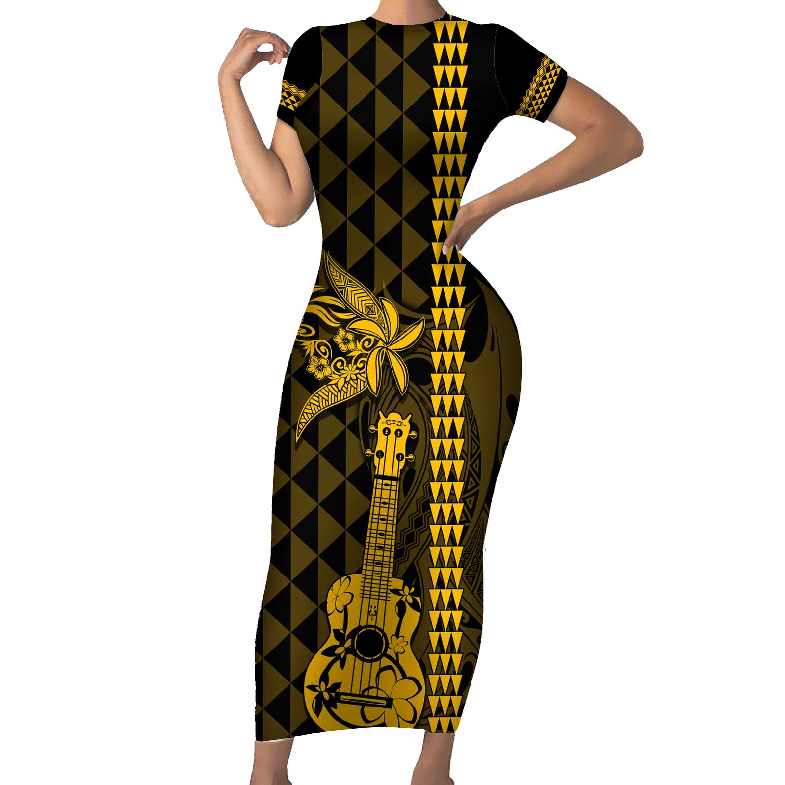 Custom Hawaii Short Sleeve Bodycon Dress Ukelele and Hula Girl Mix Kakau Pattern LT03 Long Dress Yellow - Polynesian Pride
