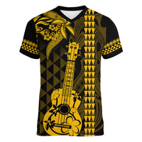 Custom Hawaii Women V Neck T Shirt Ukelele and Hula Girl Mix Kakau Pattern LT03 Female Yellow - Polynesian Pride