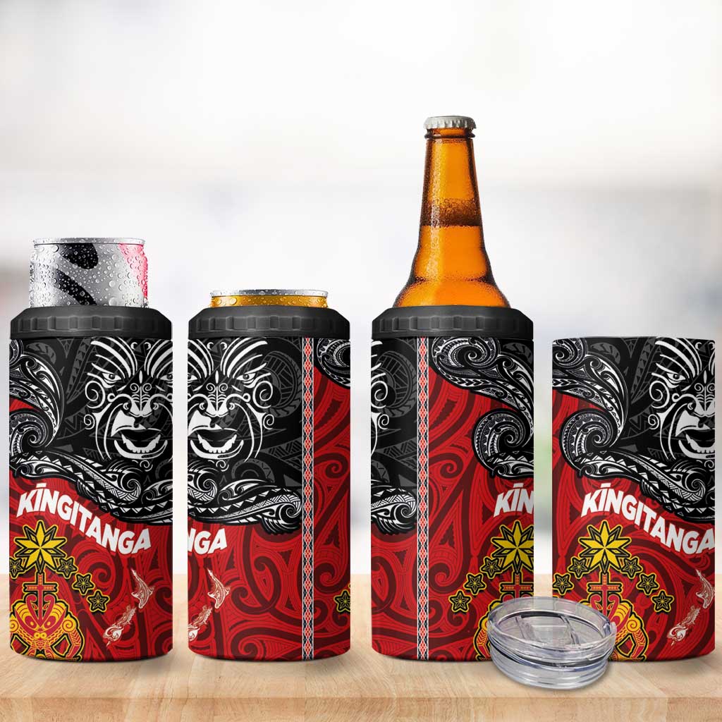 The Kingitanga - Maori King Movement 4 in 1 Can Cooler Tumbler Ko Te Mana Motuhake Emblem with Moko and Polynesian Art Tattoo LT03
