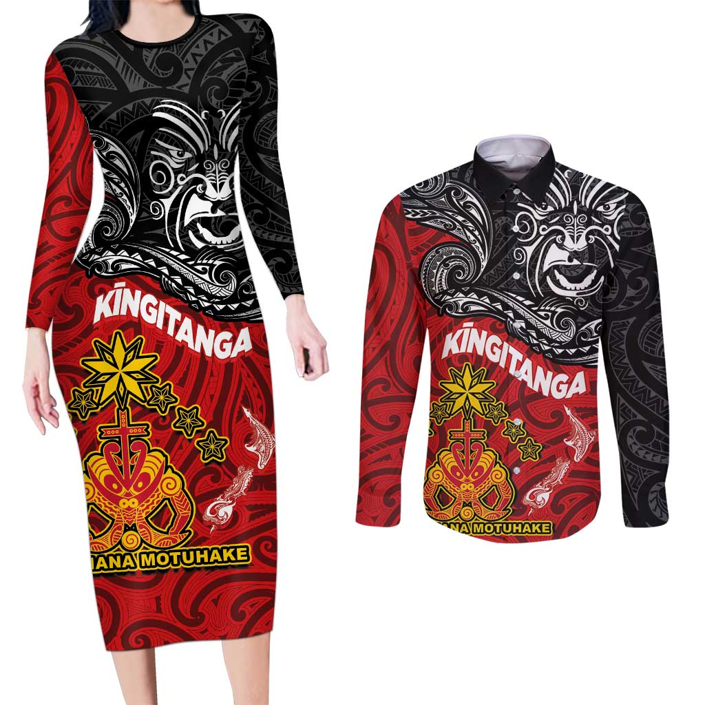 Maori King Movement Couples Matching Long Sleeve Bodycon Dress and Long Sleeve Button Shirt Ko Te Mana Motuhake Emblem with Moko and Polynesian Art Tattoo LT03 Red - Polynesian Pride