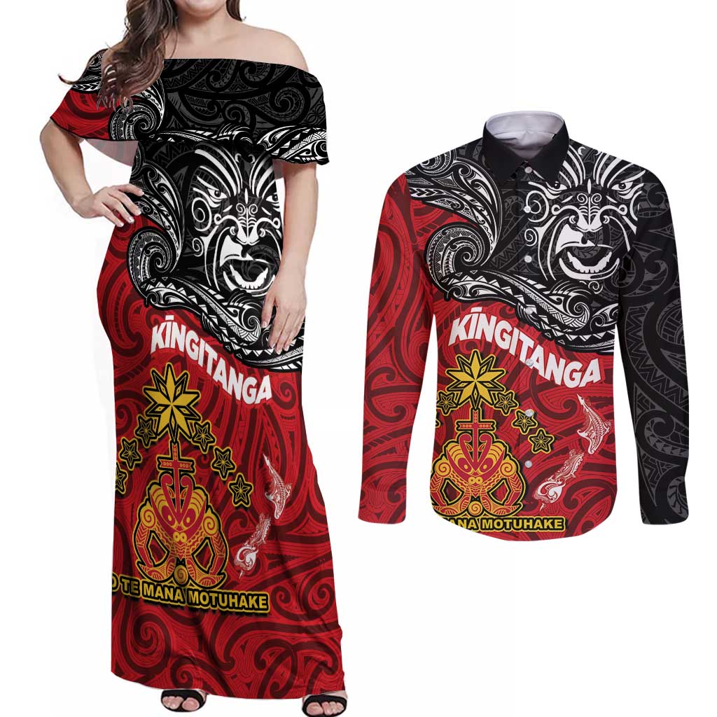 Maori King Movement Couples Matching Off Shoulder Maxi Dress and Long Sleeve Button Shirt Ko Te Mana Motuhake Emblem with Moko and Polynesian Art Tattoo LT03 Red - Polynesian Pride