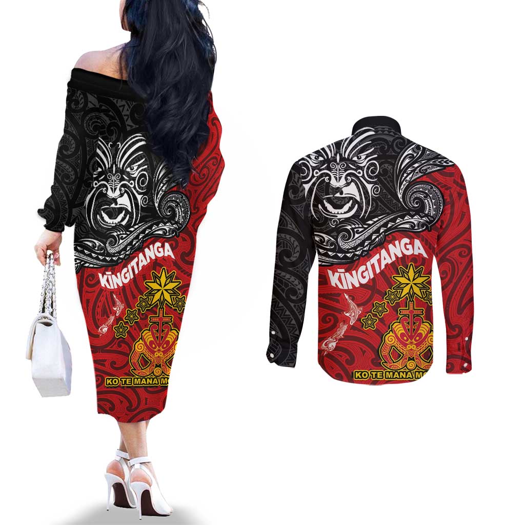 The Kingitanga - Maori King Movement Couples Matching Off The Shoulder Long Sleeve Dress and Long Sleeve Button Shirt Ko Te Mana Motuhake Emblem with Moko and Polynesian Art Tattoo