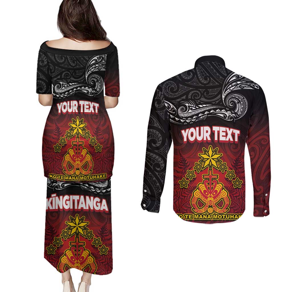 Personalised The Kingitanga - Maori King Movement Couples Matching Puletasi and Long Sleeve Button Shirt Ko Te Mana Motuhake Emblem with Silver Ferns and Polynesian Art Tattoo