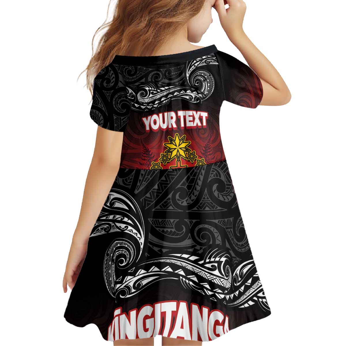 Personalised The Kingitanga - Maori King Movement Kid Short Sleeve Dress Ko Te Mana Motuhake Emblem with Silver Ferns and Polynesian Art Tattoo
