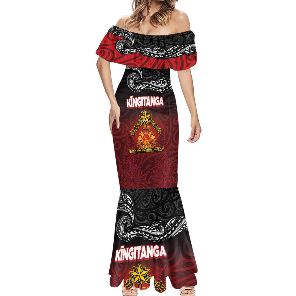 Personalised The Kingitanga - Maori King Movement Mermaid Dress Ko Te Mana Motuhake Emblem with Silver Ferns and Polynesian Art Tattoo