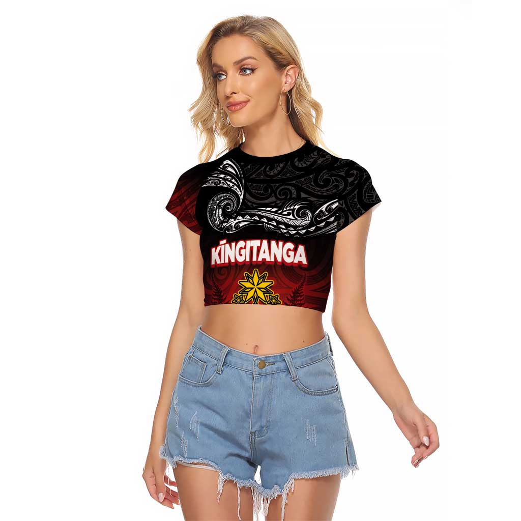 Personalised The Kingitanga - Maori King Movement Raglan Cropped T Shirt Ko Te Mana Motuhake Emblem with Silver Ferns and Polynesian Art Tattoo