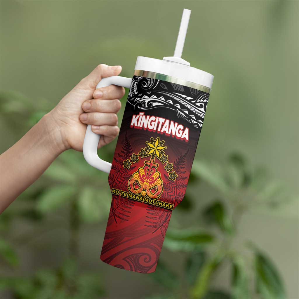 Personalised The Kingitanga - Maori King Movement Tumbler With Handle Ko Te Mana Motuhake Emblem with Silver Ferns and Polynesian Art Tattoo LT03