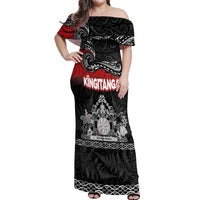 Personalised Maori King Movement Off Shoulder Maxi Dress Te Paki-o-Matariki with Silver Ferns and Polynesian Art Tattoo LT03 Women Red - Polynesian Pride