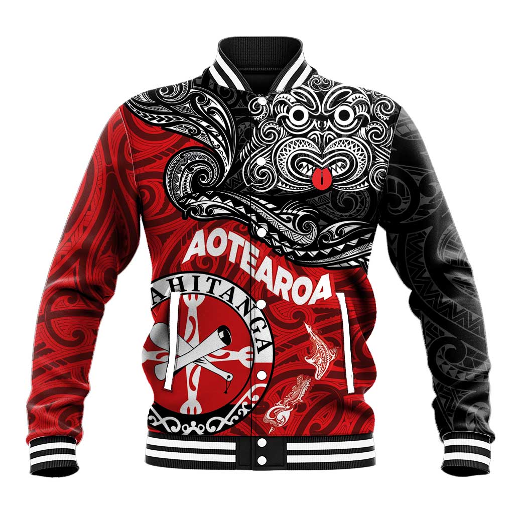 Maori Kotahitanga Baseball Jacket Aotearoa Spirit with Maori Mask and Polynesian Art Tattoo