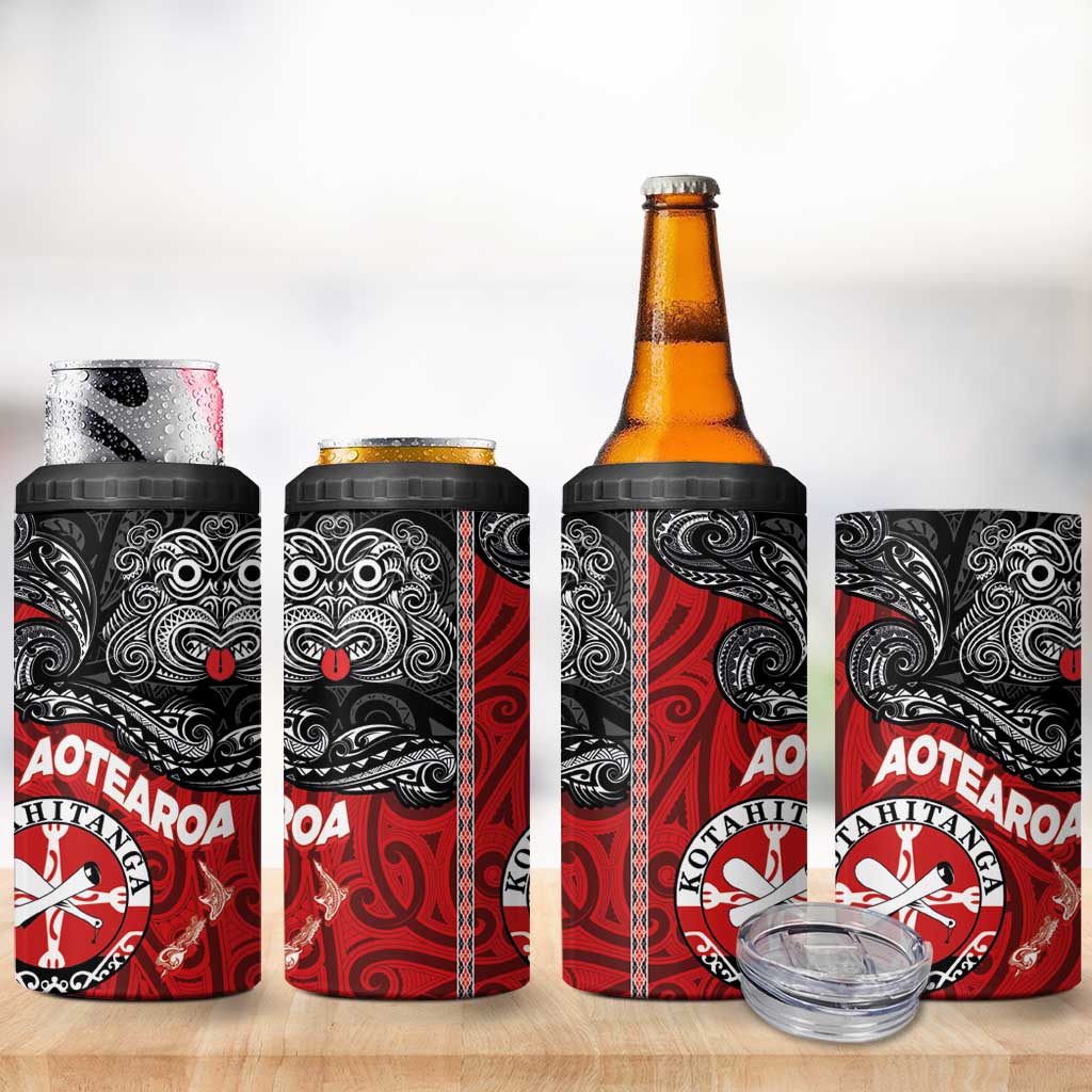 Maori Kotahitanga 4 in 1 Can Cooler Tumbler Aotearoa Spirit with Maori Mask and Polynesian Art Tattoo LT03