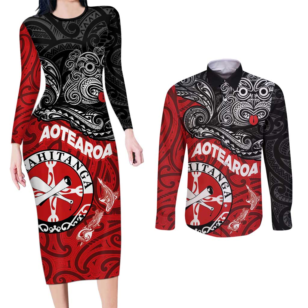 Maori Kotahitanga Couples Matching Long Sleeve Bodycon Dress and Long Sleeve Button Shirt Aotearoa Spirit with Maori Mask and Polynesian Art Tattoo LT03 Red - Polynesian Pride
