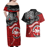 Maori Kotahitanga Couples Matching Off Shoulder Maxi Dress and Hawaiian Shirt Aotearoa Spirit with Maori Mask and Polynesian Art Tattoo