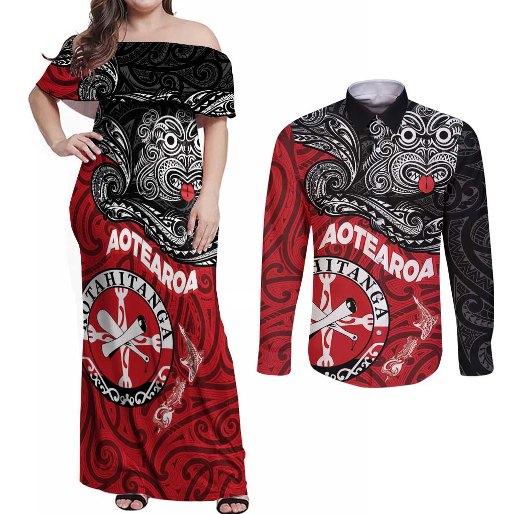 Maori Kotahitanga Couples Matching Off Shoulder Maxi Dress and Long Sleeve Button Shirt Aotearoa Spirit with Maori Mask and Polynesian Art Tattoo LT03 Red - Polynesian Pride