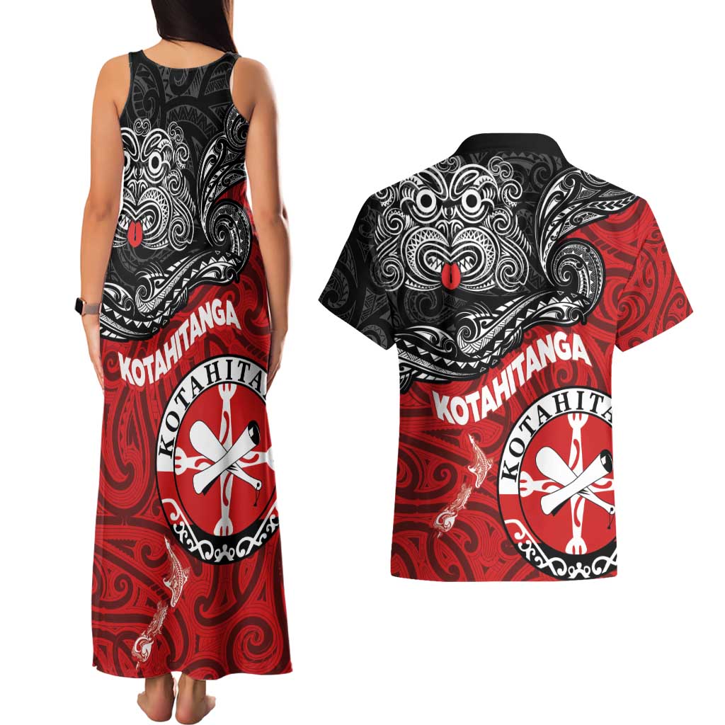 Maori Kotahitanga Couples Matching Tank Maxi Dress and Hawaiian Shirt Aotearoa Spirit with Maori Mask and Polynesian Art Tattoo