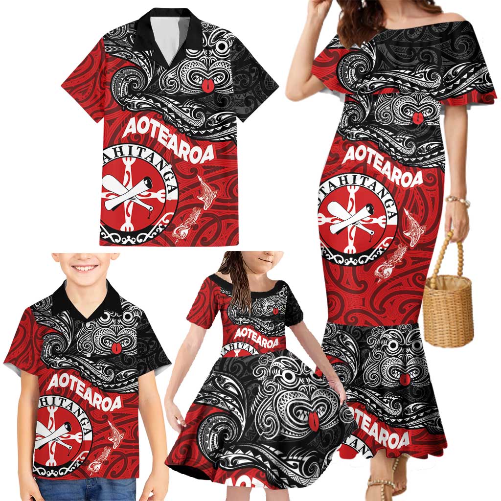 Maori Kotahitanga Family Matching Mermaid Dress and Hawaiian Shirt Aotearoa Spirit with Maori Mask and Polynesian Art Tattoo